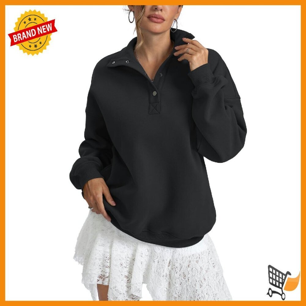 Oversized Henley Fleece Sweatshirt Button Pullover Long Sleeve